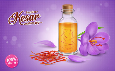 Sticker - Saffron oil vector illustration with saffron flower and its petals isolated on a lilac background