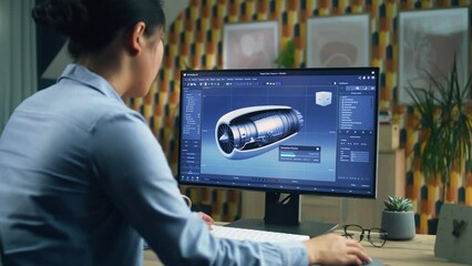 Poster - Female 3D designer using pc with professional program and creating 3D prototype of airplane turbine while working remotely at home office
