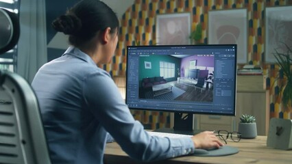 Poster - Female designer working remotely from home office and making 3D visualization of house interior in computer program using pc