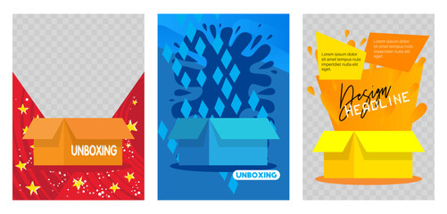 Poster - Unboxing poster. Banner template for celebration, holiday, shopping event. Design with dynamic shapes. Social media post.