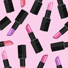 Seamless lipstick pattern in pink tones on a pale pink background.Vector pattern can be used in textiles, cosmetics packaging,wallpaper.
