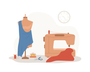 Wall Mural - Sewing concept. Sewing machine and mannequin. Seamstress accessories for handmade clothing store or atelier. Vector illustration in flat cartoon style.