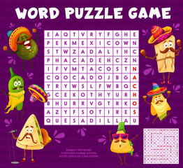 Sticker - Cartoon Mexican food characters word search puzzle game, vector worksheet. Kids quiz or riddle grid to search and find word of funny Mexican quesadilla and chili pepper in sombrero, avocado and nachos