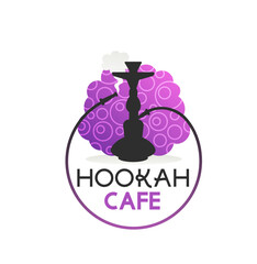 Wall Mural - Hookah cafe vector icon of shisha lounge bar, club or restaurant. Arabic hookah, hooka, shisha or nargile smoking pipe black silhouette, waterpipe or hubble- bubble with purple cloud of smoke or steam