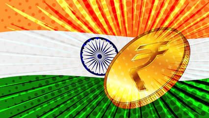 Wall Mural - Gold coin with indian currency Rupee INR sign and the flag of India. India has created digital Rupee. Banner for news. Vector.