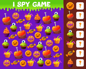 Aufkleber - Halloween spy game. Sweets, cookie and cakes. Child counting puzzle, kids calculation playing activity or game vector worksheet with creepy cupcake, apple, cookie and candy Halloween holiday desserts