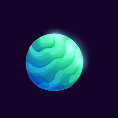 Poster - Mysterious green space planet. Vector glowing sphere with spiral atmosphere. Galaxy globe in universe gui game object, fantastic comet, meteor isolated astronomy or astrology science star in far space