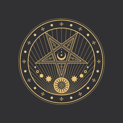 Poster - Pentagram, esoteric circle, occult magic and tarot symbol, vector pentacle, star and ankh. Esoteric and occult pentagram with sun and moon, alchemy, tarot occultism and wicca pagan ritual sign