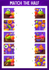 Poster - Match the half of cartoon Halloween candies, sweets and desserts. Objects parts matching puzzle, fragment search game vector worksheet with Halloween cupcakes, chocolate egg and apple, lollypop candy