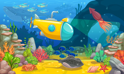 Wall Mural - Underwater game landscape with submarine. Cartoon vector sea bottom with fishes, corals, marine plants and animals. Tropical ocean floor scene with bathyscaphe illuminate hidden cave or grotto in rock