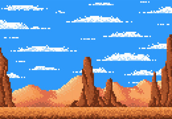 Poster - Desert landscape, 8 bit pixel game level background. Vector Arizona or Texas mountains, cracked soil and blue cloudy sky. Retro 8bit video game location, pixelated ground playing seamless platfprm