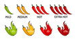 Spicy level labels. Hot tabasco or ketchup sauce, meal spicy mild, medium hot and extra levels vector symbols, indicators or stickers with flaming green, orange and red chilli or jalapeno peppers