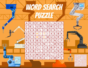 Wall Mural - Robot arms on factory word search puzzle game worksheet. Child quiz grid, educational puzzle or kids test vector page with alphabet learning activity. Children logical game with word searching task