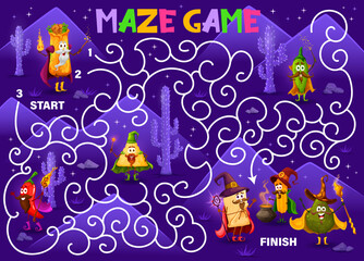 Poster - Labyrinth maze, cartoon Tex Mex Mexican food wizards characters, vector kids game. Help burrito wizard and jalapeno pepper mage to find way to avocado sorcerer with magic wand, game worksheet