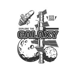 Poster - Galaxy exploration icon with vector space planets, spaceship and satellite. Isolated shuttle or space station, Moon and alien universe planet, symbol of astronomy science or spacecraft technology