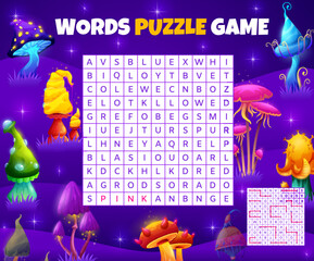 Aufkleber - Magic mushrooms. Word search puzzle game worksheet. Children educational text game or vocabulary quiz, kids word search intelligence test or riddle vector page with magical fantasy, glowing mushrooms