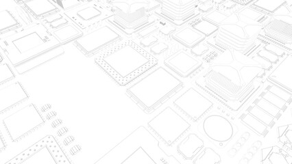 Wall Mural - cpu chips on the motherboard . monochrome 3d illustration in white with outline lines