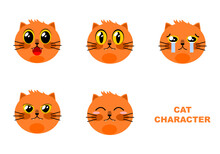 Set Face Cute Orange Cat Different Various Facial Expressions Feelings Emotions Cartoon Character Flat Vector Icon Design. 