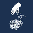 Cartoon vector illustration of hand unravels a tangled thread on dark backround.