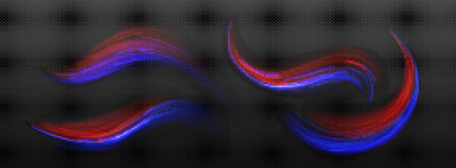 Poster - Speed motion light effect, blue and red trails of dynamic movement, glow of road traffic at night. Abstract wavy light stripes, shiny lines isolated on transparent background, vector realistic set