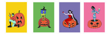 Women In Costumes With Pumpkins Concept Halloween Retro Style.Witch, Alien, Frankenstein And Vampire Costumes.Vector Illustration