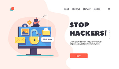 Poster - hacker attack landing page template. tiny hacker male character sitting on huge computer with rod ph