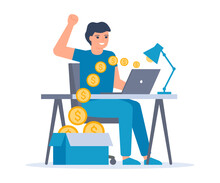 Financial Success In Online Work, Getting Money On Computer. Passive Income, Internet Salary. Man Receives Coins Fly Out Of Computer. Easy Earning Money. Vector Illustration