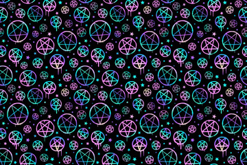 Sticker - seamless pattern of shiny holographic pentagrams on black background