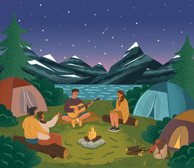 people sit next to campfire and play guitar. group of friends next to camp tent and watching starry 