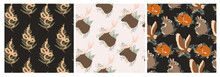 Collection Of Seamless Pattern With Mystery Forest Animals. Editable Vector Illustration.