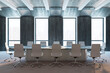Modern concrete and wooden meeting room interior with window city view and daylight. Law and legal concept. 3D Rendering.