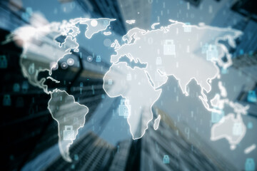 Poster - Creative glowing ecryption map hologram with padlock icons on blurry city background. Communication, data, safety and global network concept. Double exposure.