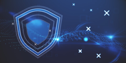 Poster - Abstract wide perspective glowing shield hologram on blue texture with various blurry icons. Cyber security, data protection concept. Modern wireframe design. 3D Rendering.