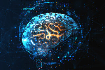 Poster - Neural network and artificial intelligence concept with digital human brain silhouette with glowing yellow convolutions surrounded by blue illuminated sphere on dark background. 3D rendering