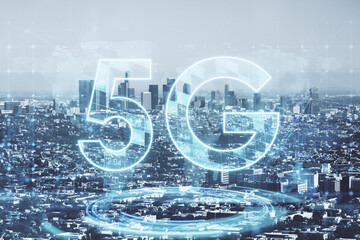 Aufkleber - Abstract glowing 5G hologram on blurry city background. Mobile internet speed, communication and technology concept. Double exposure.