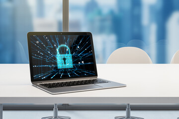 Poster - Close up of office workplace with laptop and abstract glowing padlock on screen, blurry city view background. Secure, safety and data protection concept. 3D Rendering.