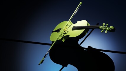 Lime green classic violin on blown planes under spot lighting blue background. 3D sketch design and illustration. 3D high quality rendering.