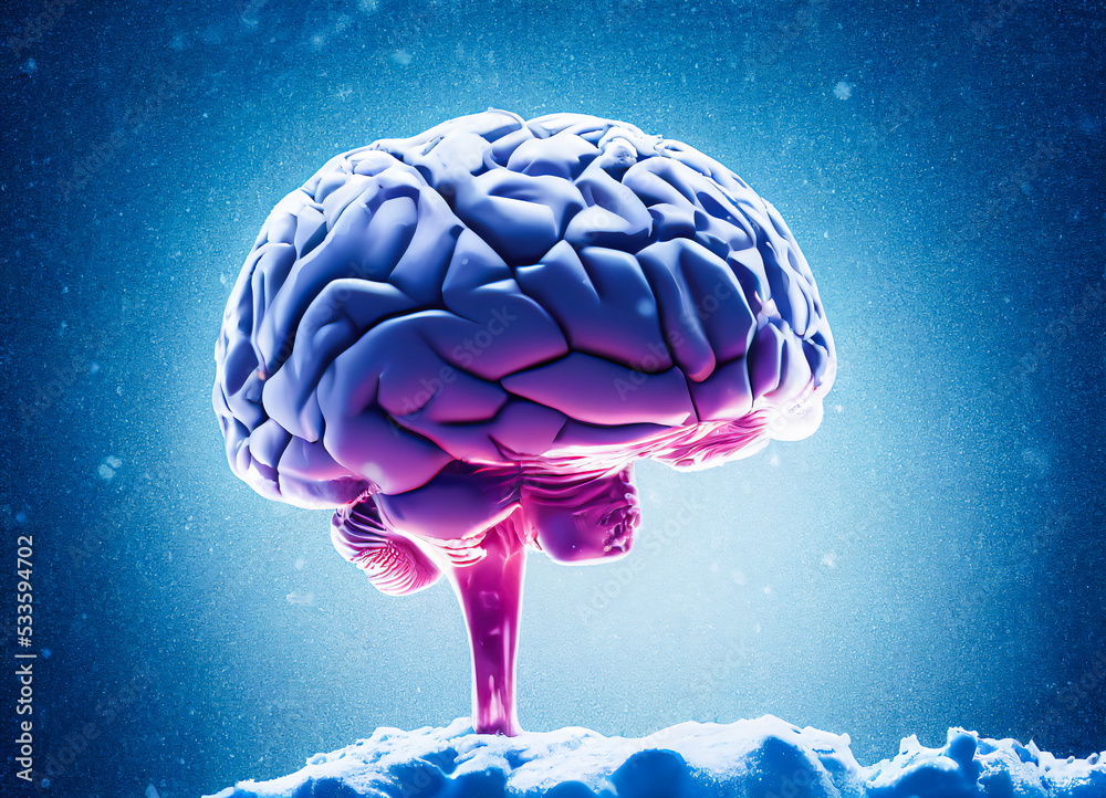 Frozen human brain, in the ice, with blue background of condensation ...