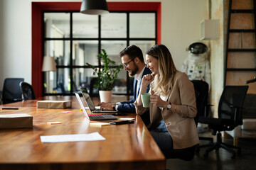 Wall Mural - Colleagues in office. Businesswoman and businessman discussing work in office..