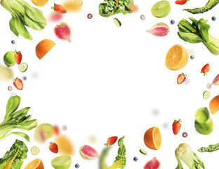 frame of various flying or falling summer fruits, berries and vegetables on transparent background. 