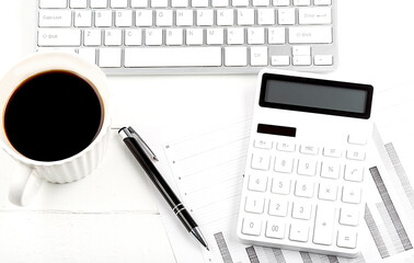 Poster - Top view of a business desk with financial account information in a keyboard, chart, coffee and calculator . Accounting concepts.