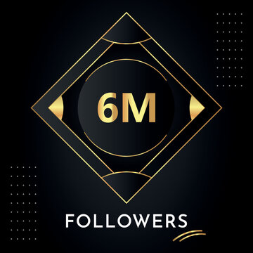 Thank you 6M or 6 million followers with gold decorative frames on black background. Premium design for congratulations, social media story, achievement, gold number, social networks.
