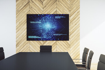 Poster - Creative code skull hologram on presentation tv screen in a modern meeting room. Malware and cyber crime concept. 3D Rendering