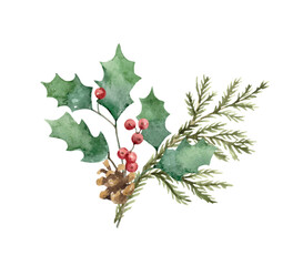 Wall Mural - watercolor vector christmas arrangement with spruce branch, cone and holly jolly branches.