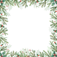 Watercolor Vector Christmas Card With Fir Branches And Copy Space.