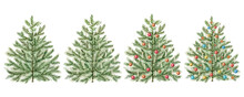 Watercolor Vector Set Of Christmas Trees With Balls And Candles.