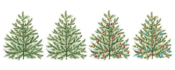 watercolor vector set of christmas trees with balls and candles.