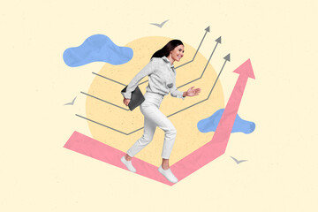 Poster - Collage 3d image of pinup pop retro sketch of funny funky running fast businesswoman hurry reach success arrows work statistics employee