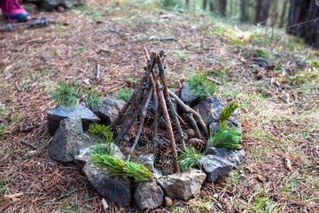 Canvas Print - Prepare campfire at camping site on autumn day at forest. Weekend lifestyle activity.	
