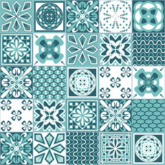  Azulejo talavera ceramic tile portuguese vintage pattern, green mint white background, vector illustration